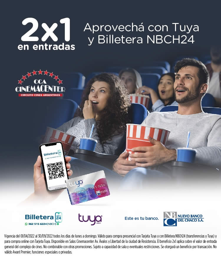 Sigue el 2x1 en Cinemacenter con Tarjeta Tuya y Billetera NBCH24
